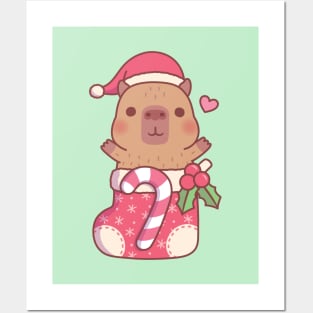 Cute Capybara In Christmas Stocking With Candy Cane And Mistletoe Posters and Art